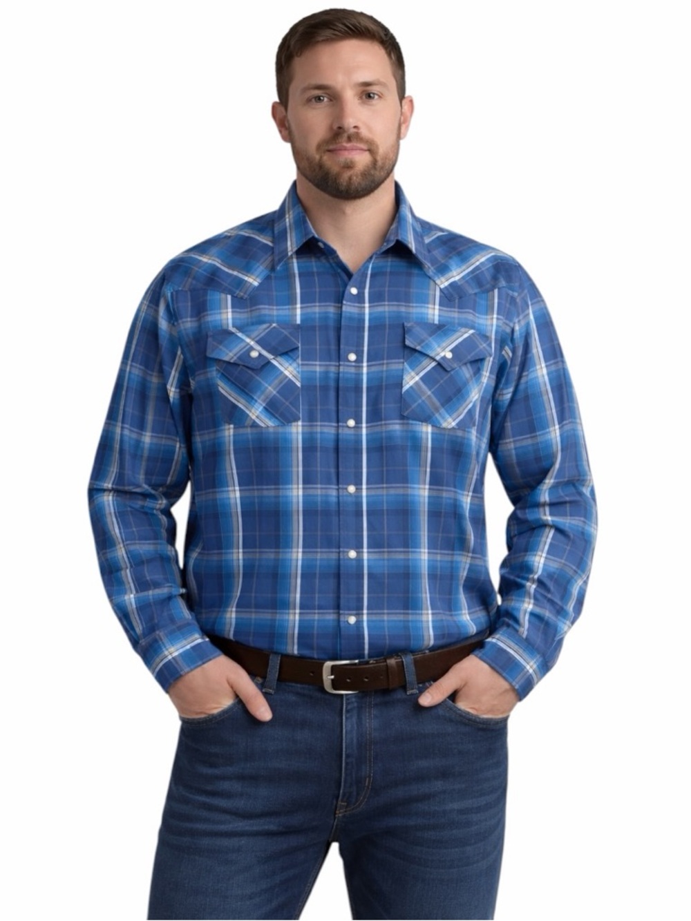 Ely Cattleman Western Pearl Snap Shirt XXL Tall Blue Plaid Long Sleeve Mens